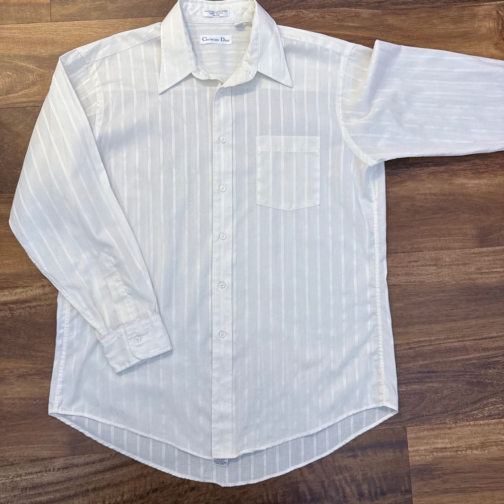 Christian Dior Mens Creeam Striped Dress Shirt 16.5 32-33 Vintage Made in USA